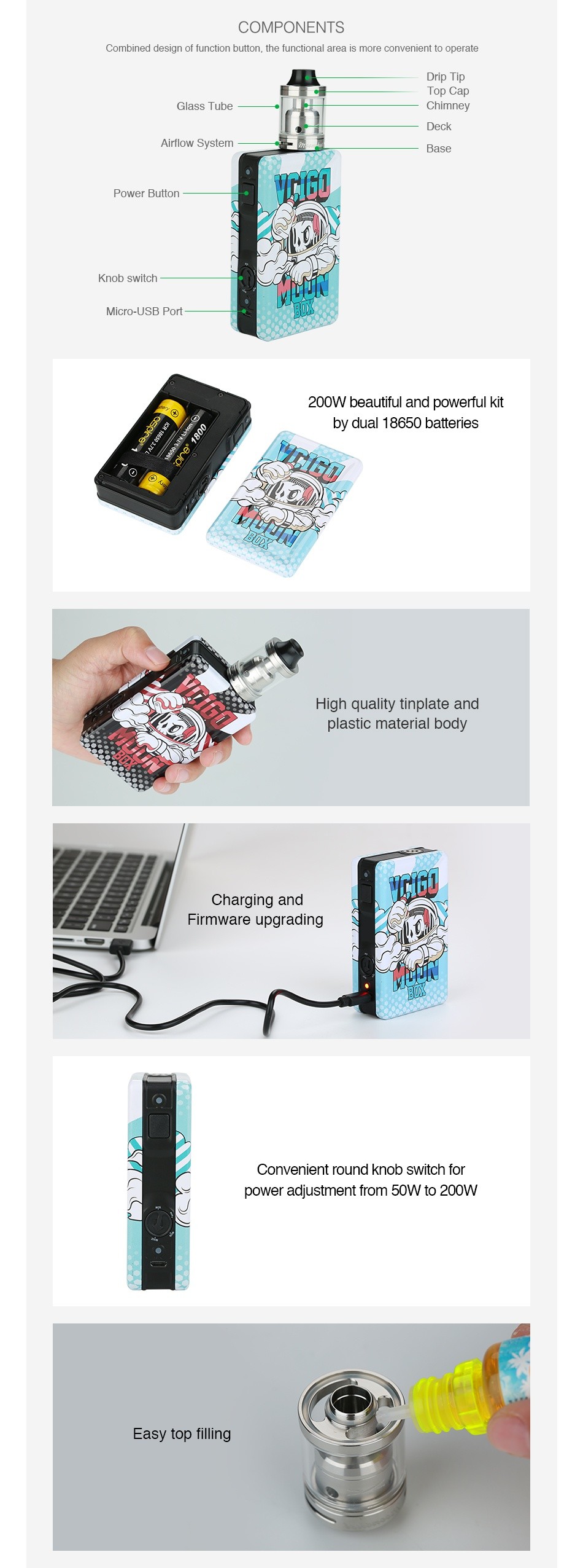 Vcigo Moon Box 200W MOD with Free Moonshot RTA umbined design of lurclion bullen  the fur clinal area is Imore cunvenieril lo operal I op Cap Deck Airflow System Power utton 200W beautiful and powerful kit by dual 18650 batteries High quality tinplate and plastic material bod Charging and Firmware upgradin Convenient round knob switch for power adjustment from boW to 200V Easy top filling