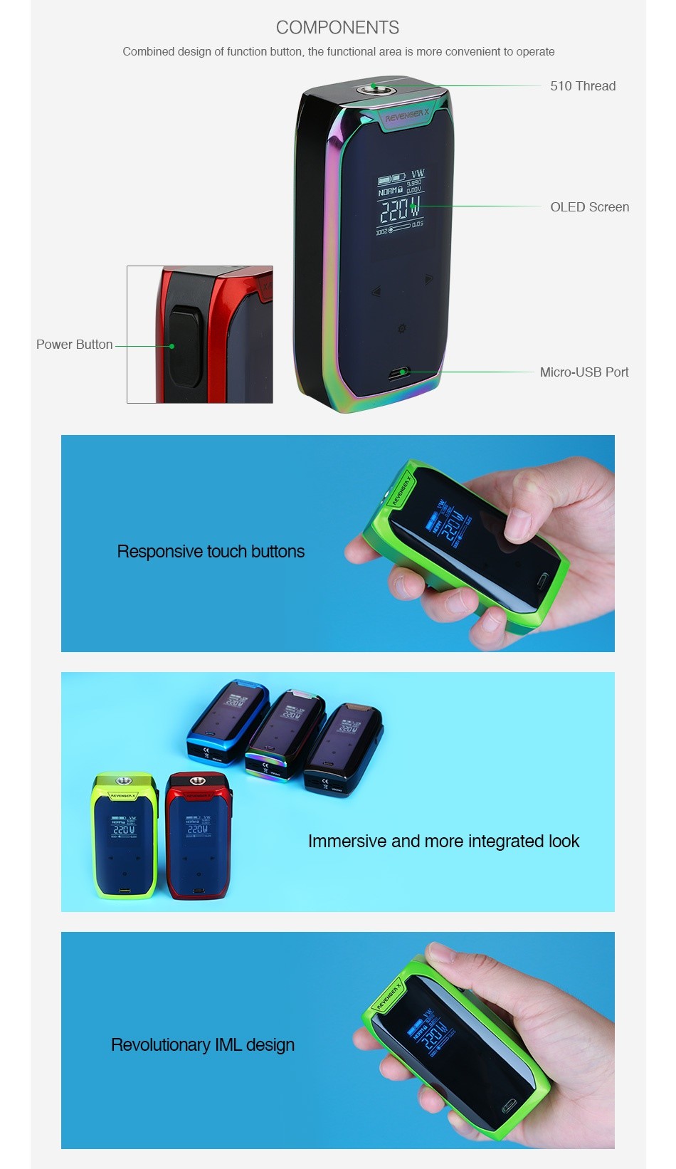 Vaporesso Revenger X 220W TC Box MOD REVENGER X  vw NORM  2W Green Red D2 0 ns Black Rainbow Blue