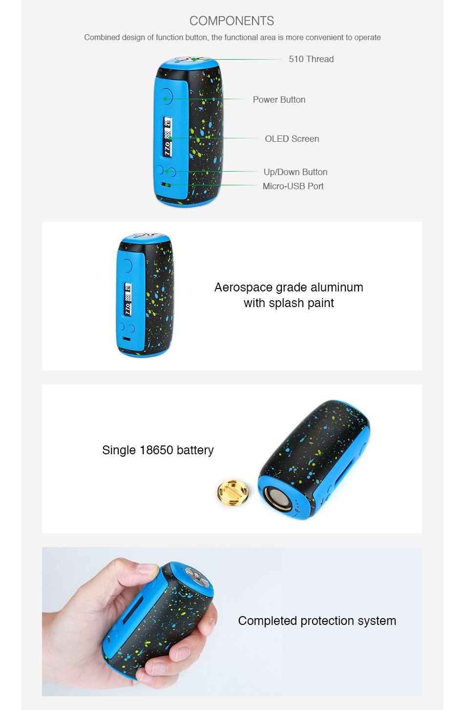 Sigelei Swallowtail 75A TC Box MOD COMPONENTS Combined design of function button  the functional area is more convenient to operate 510 Thread ower Button ED Screen Micro USB Port Aerospace grade aluminum with splash paint Single 18650 battery Completed protection system