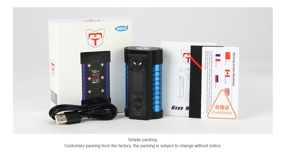 Sigelei MT 220W TC Box MOD SE      Simple packing Customary packing from the factory  the packing is subject to change without notice
