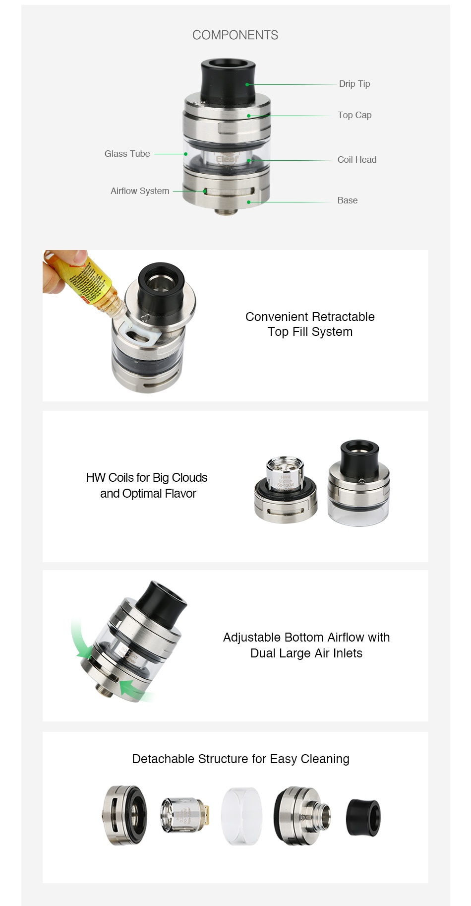 Eleaf ELLO S Atomizer 2ml COMPONENTS Drip tt Top Ca Glass Tube Coil head Airflow System ase Convenient retractable TopF  Syste   HW Coils for big clouds and optimal flavor Adjustable Bottom airflow with Dual Large Air Inlets Detachable Structure for Easy Cleaning  e