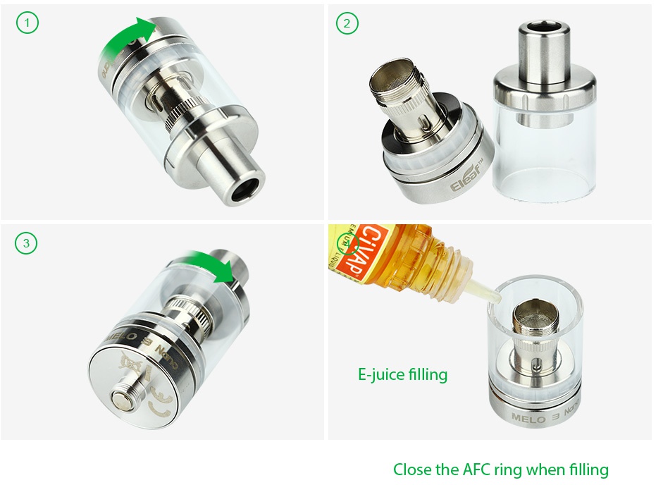 Eleaf Melo 3 Nano Atomizer 2ml E juice filling Close the AFC ring when filling