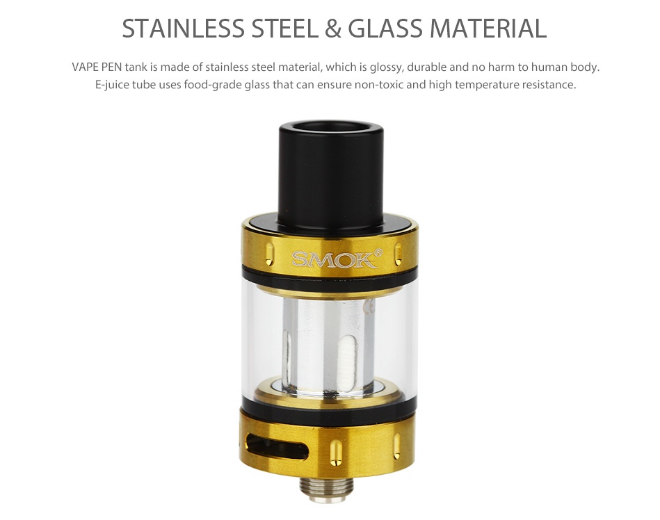 SMOK Vape Pen Tank 2ml staInLeSS STeEL gLASs material VAPE PEN tank is made of stainless steel material  which is glossy  durable and no harm to human body E juice tube uses food grade glass that can ensure non toxic and high temperature resistance SMOK