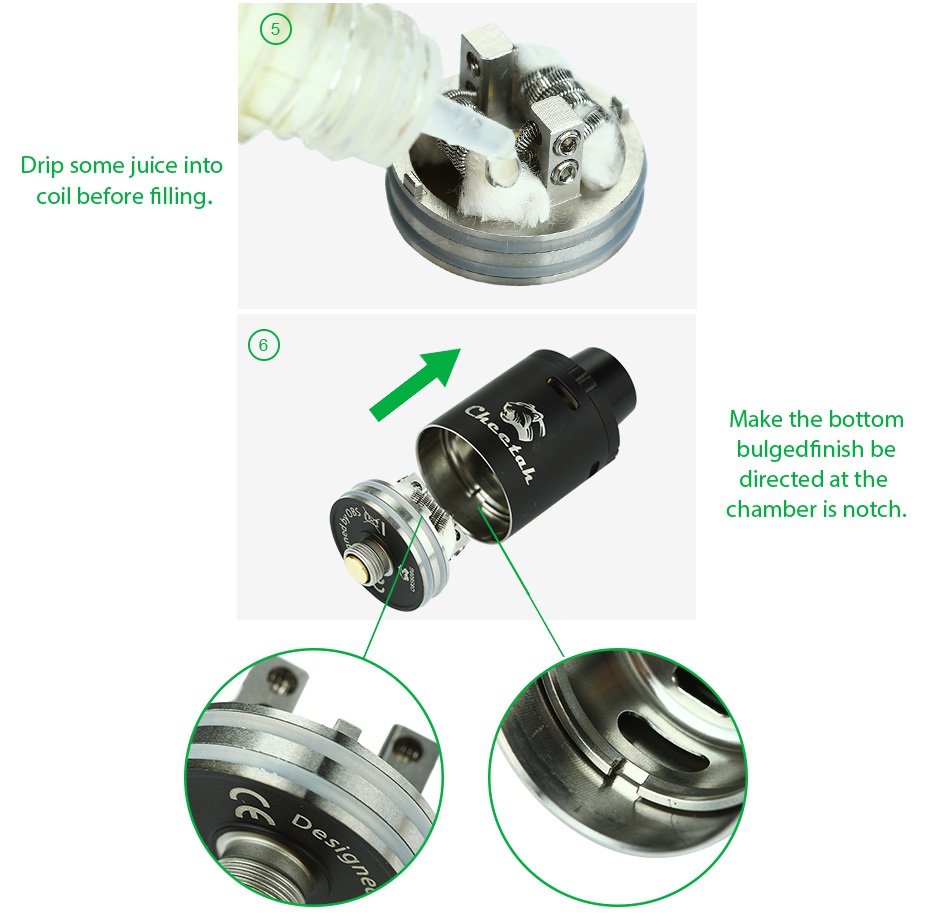 OBS Cheetah RDA Tank Dr rip some juice into coil before filling Make the bottom bulgedfinish be F directed at the chamber is notch