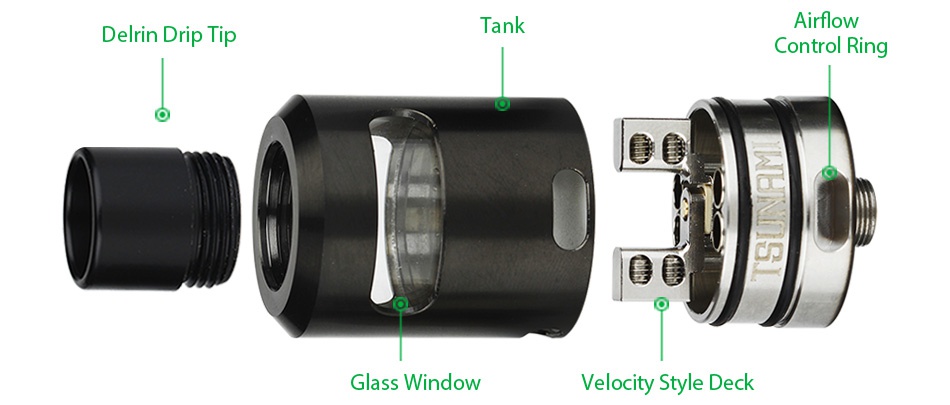 GeekVape Tsunami 24 Plus RDA Airflo Delrin Drip ti Tank Control Ring    Glass Window Velocity Style Deck