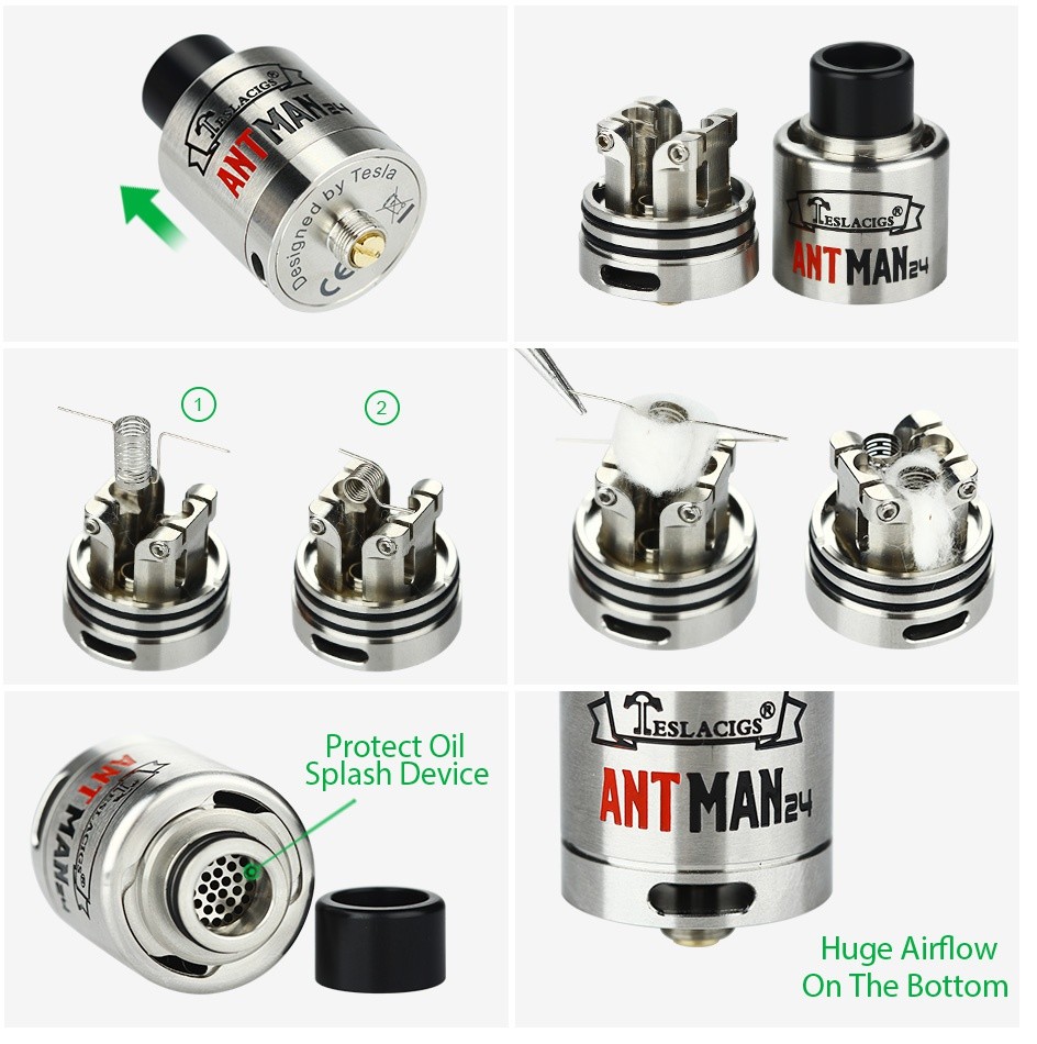 Tesla Antman 24 RDA Atomizer NTMANE ESLACIGs Protect oi Splash Device ANT MANY Huge Airflow On The bottom