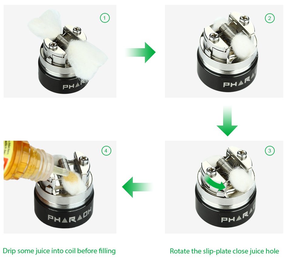 Digiflavor Pharaoh 25 Dripper Tank H   PHA Drip some juice into coil before filling Rotate the slip plate close juice hole