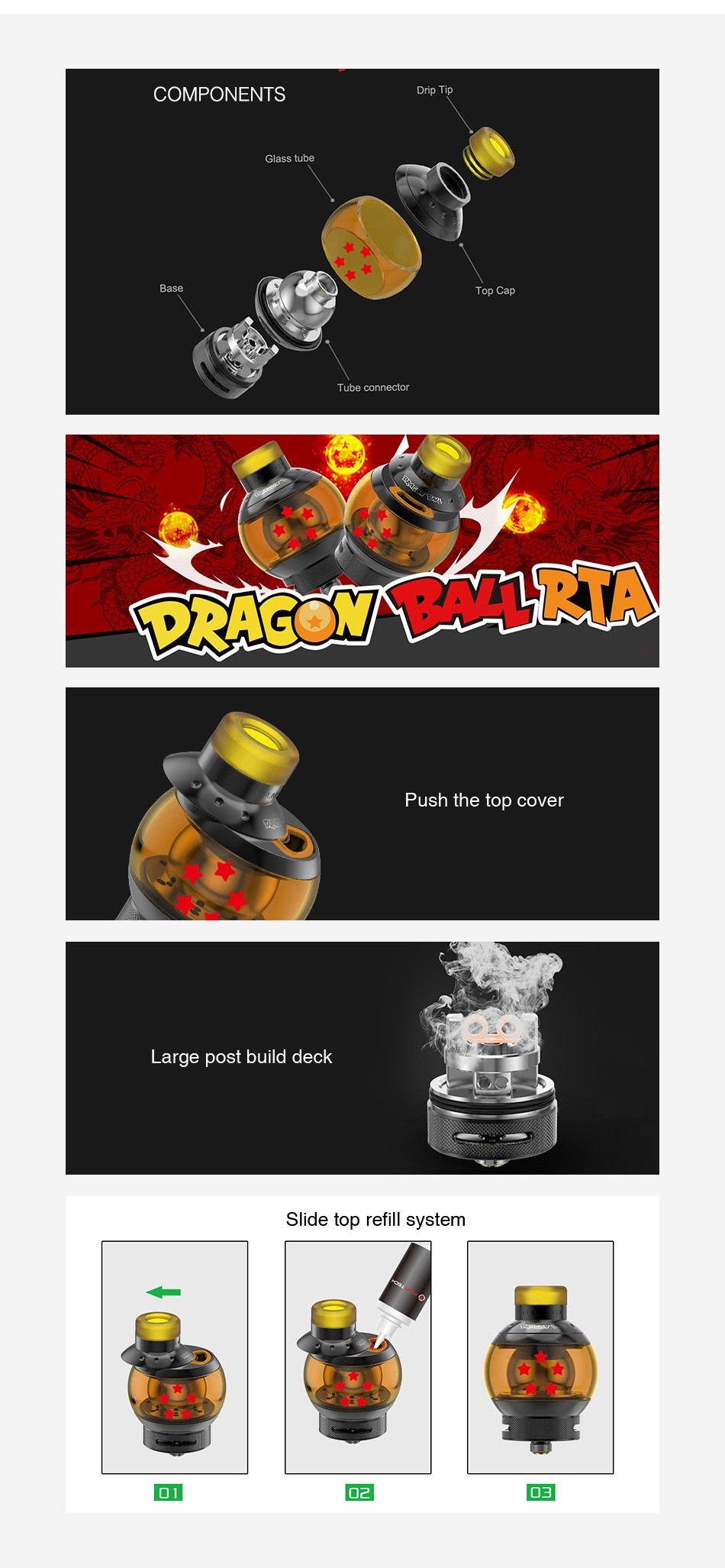 Fumytech Dragon Ball V2 RTA 5.5ml COMPONENTS Drip Tip ube connector Push the top cover Large post build deck Slide top refill system 1