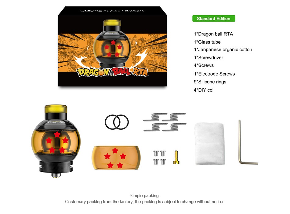 Fumytech Dragon Ball V2 RTA 5.5ml Standard Edition 1 Dragon ball RTA 1 Janpanese organic cotton 4 Screws 9  Silicone rings 4  DIY coil Customary packing from the factory  the packing is subject to change without notice