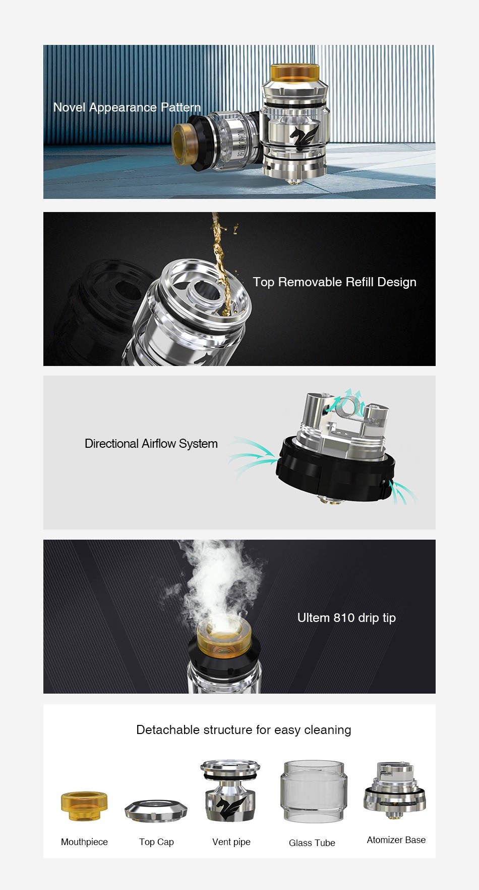 WISMEC Bellerophon RTA 4ml Novel Appearance Pattern ImmUn Top Removable Refill Design Directional Airflow System Ultem 810 drip tip Detachable structure for easy cleaning Mouthpiece op cap Vent pipe Glass Tube Atomizer base