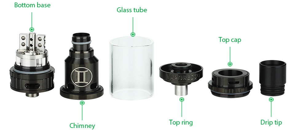 Vaporesso Gemini RTA Tank 3ml Bottom base Glass tube c Top cap Chimney Top ring