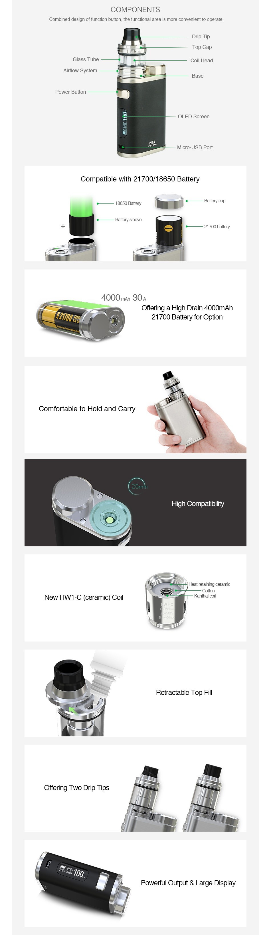 Eleaf iStick Pico 21700 100W with Ello TC Kit 4000mAh COMPONENTS    L   bullon Ihe lurchoHl aIH  Is rmore corRell le sihlHlH Top Cap Glass Tubo Coil Hesd How systern OLED SCrC Micro USB Port Compatible with 21700 18650 Battery Bacry sovc   4000mh30A Ofenng a High Drain 4o0omAh 21700 Battery for Optic Comfortable to Hold and carry High Compatibility HEat retaining ceramic New HW1 C ceramic Coil p Offering Two Drip Tips Powerful Output Large Display