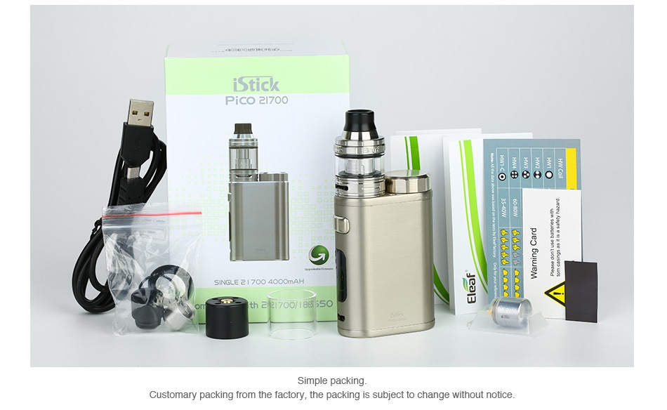 Eleaf iStick Pico 21700 100W with Ello TC Kit 4000mAh Stick Pico 7oo 70   Simple packing Customary packing from the factory  the packing is subject to change without notice