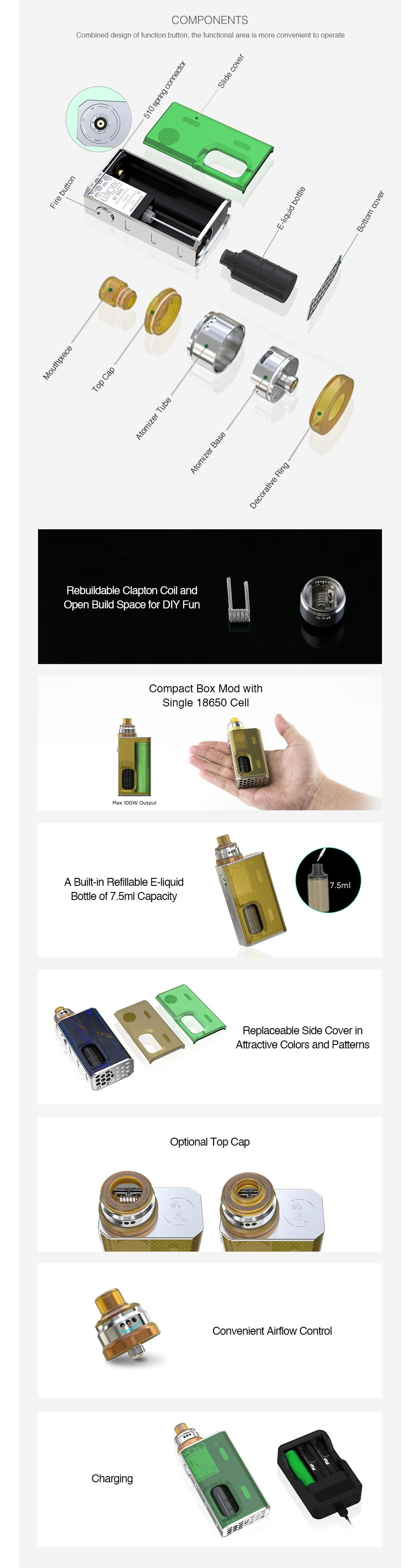 WISMEC Luxotic BF Box Kit with Tobhino COMPONENTS combine cosign of runcton buton  tc functio na arca ls morc convenient to operate   buildable Clapton Coil and Open Build Space for DIY Fun Single 18650 Cel A Built in Refillable E liquid Bottle of 7 5ml Capacity eplaceable side Cover in