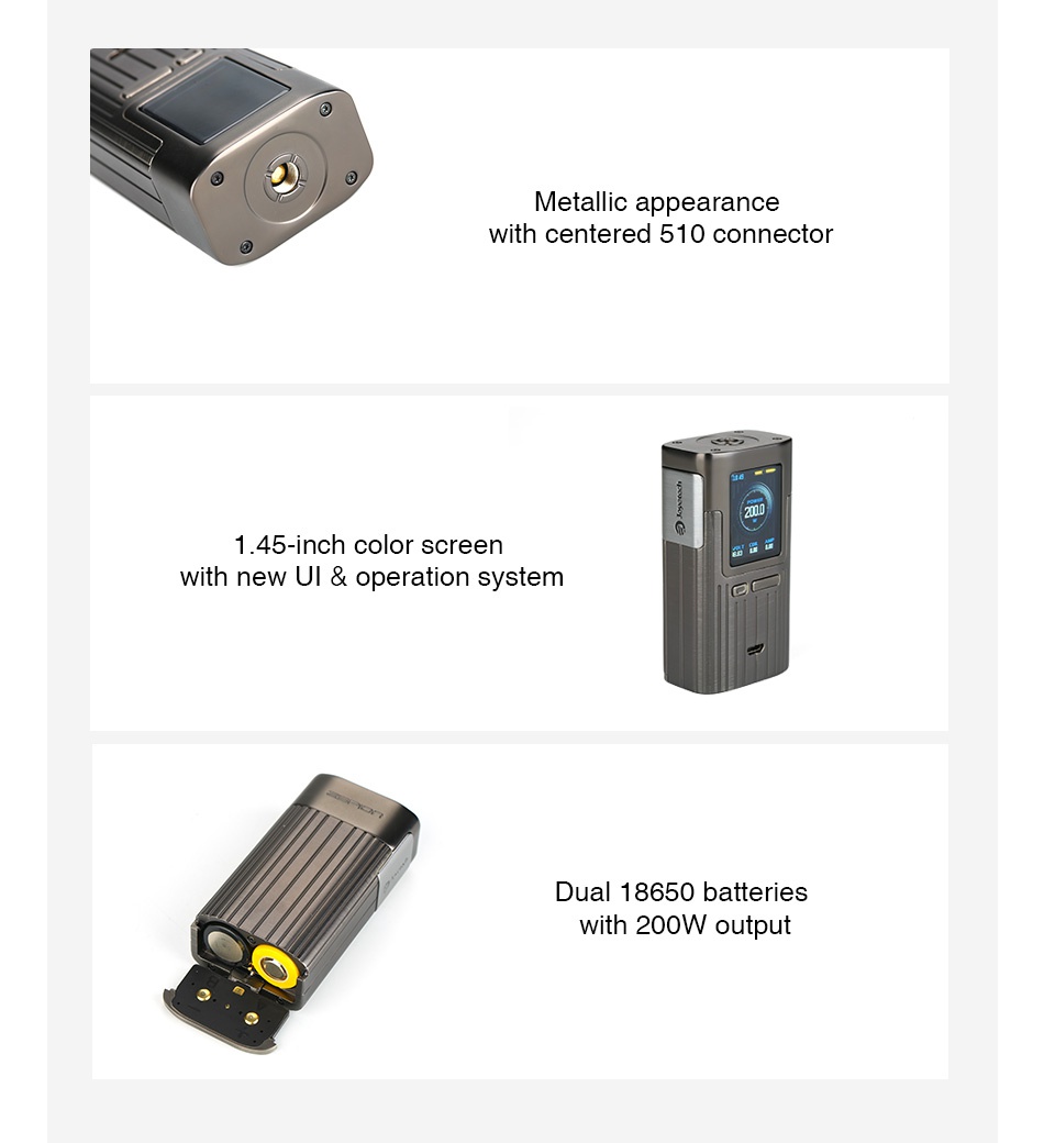 Joyetech ESPION 200W TC Box MOD Metallic appearance ith centered 510 connector 1 45 inch color screen with new Ul operation system Dual 18650 batteries with 200W output