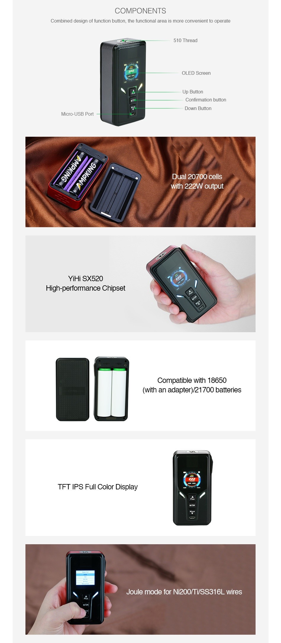 GTRS VBOY 222W 20700 TC Box MOD with SX520 Chip COMPONENTS Combined design of function button  the functional area is more convenient to operate 510 Thread OLED Screen Confirmation button Down Button Micro USB Port Dual 20700 cells with 222W output YiHi SX520 High performance Chipset Compatible with 18650  with an adapter   21700 batteries TFT IPS Full Color Display Joule mode for ni2ooti ss316l wires