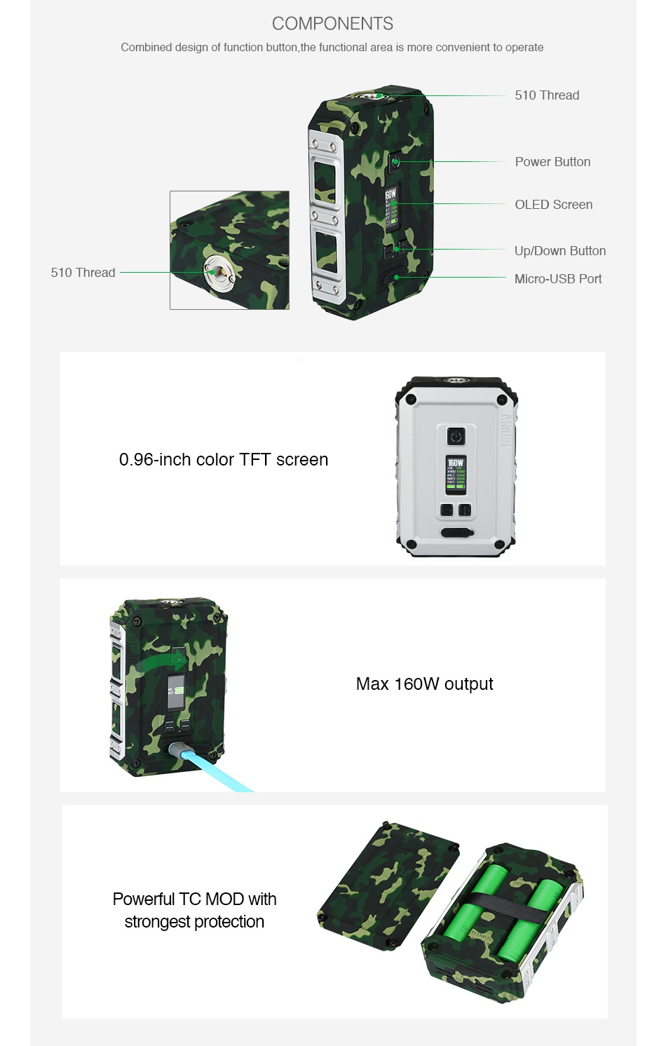 AIMIDI Tank T2 160W TC Box MOD COMPONENTS Combined design of function button  the functional area is more convenient to operate 510 Thread OLED Screen Up Down Button 510 Thread Micro USB Port 0 96 inch color screen ax 160w output PoWerful Tc mod witl strongest protection