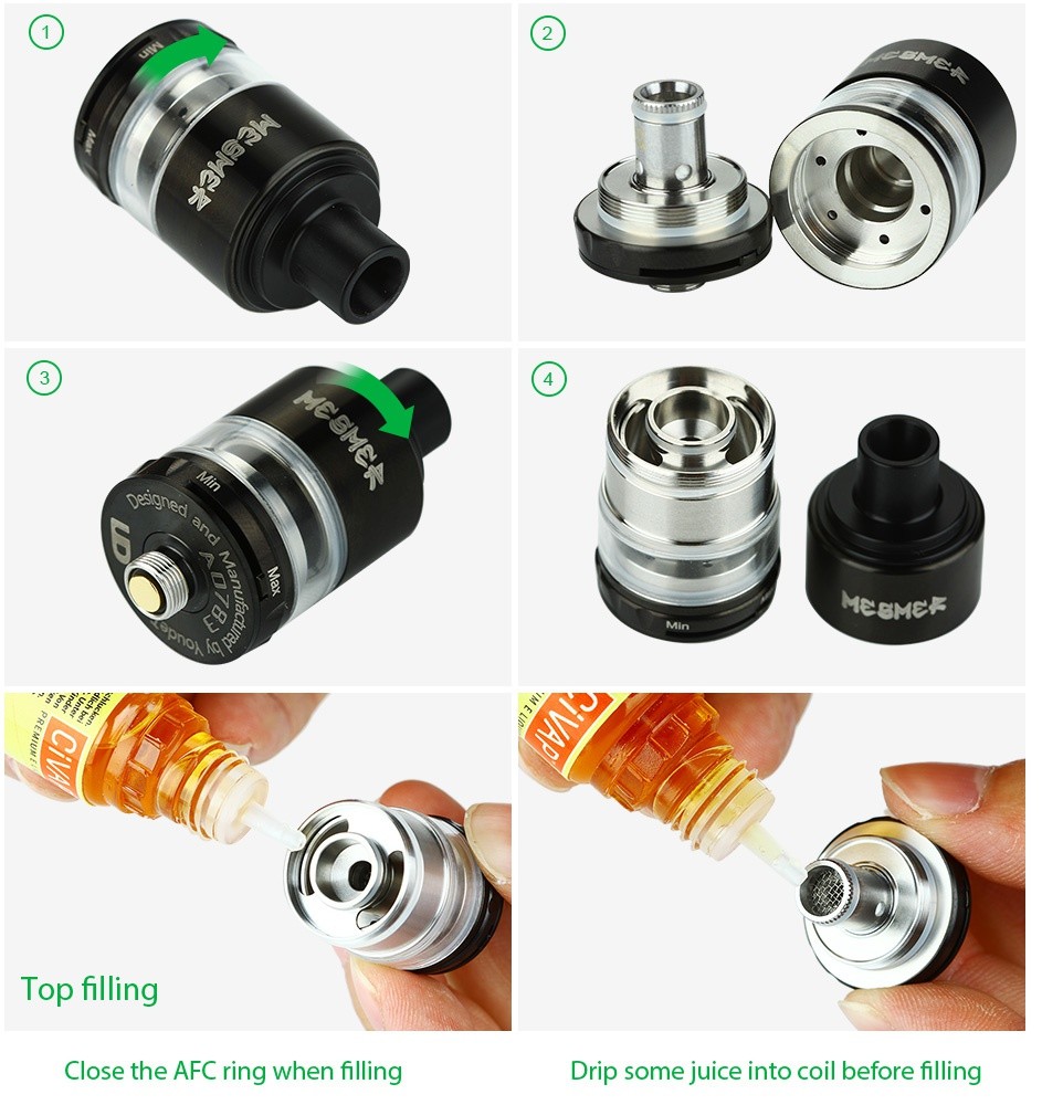 UD Mesmer-GL Tank 2ml MerMeN Top filling Close the AFC ring when filling Drip some juice into coil before filling