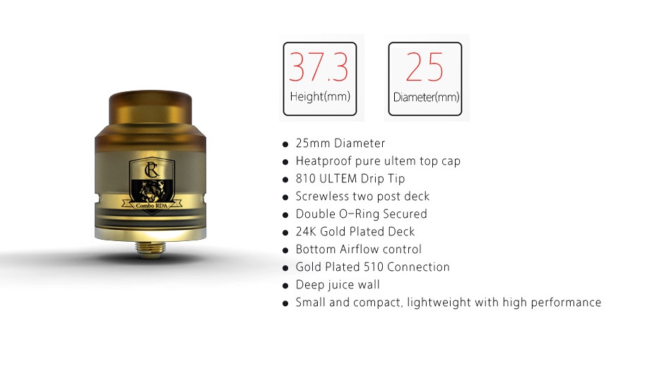 IJOY COMBO RDA Diameter mm  25mm Diamete Heatproof pure ultem top cap 810 ULTEM Drip Tip Screwless two post deck Double o Ring Secured  24 K Gold plated deck e Gold Plated 510 Connection Small and compact  lightweight with high performance