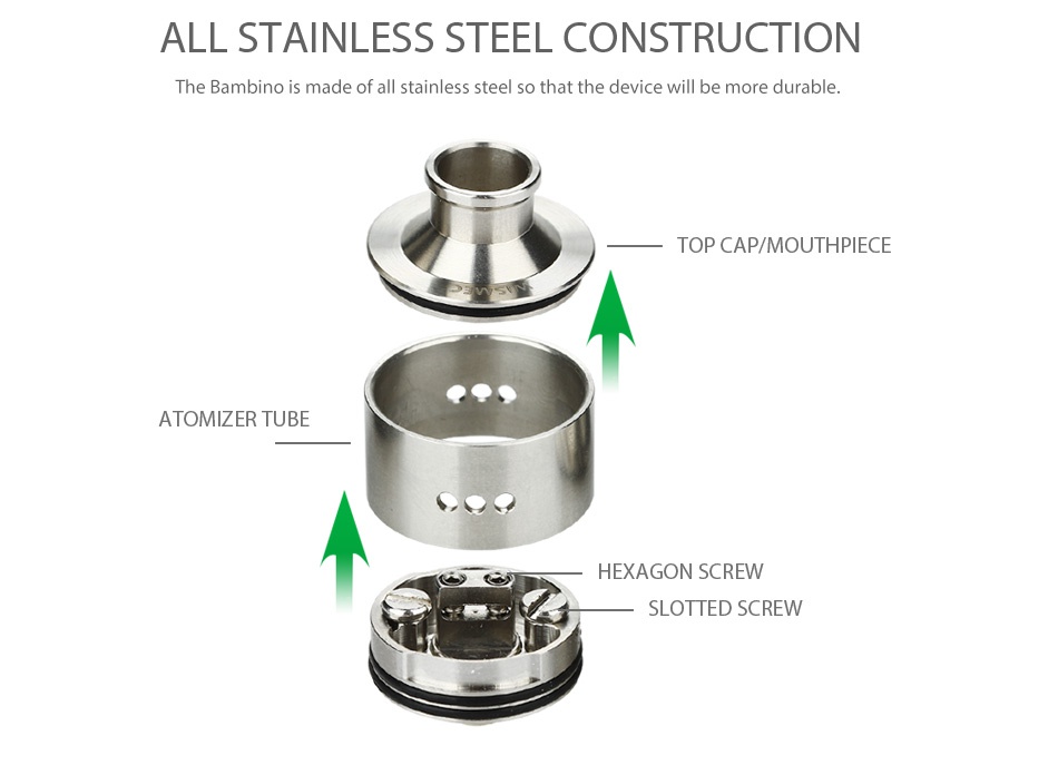 WISMEC Bambino RDA Atomizer ALL STAINLESS STEEL CONSTRUCTION he bambino is made of all stainless steel so that the device will be more durable TOP CAP MOUTHPIEC ATOMIZER TUBE HEXAGON SCREW SLOTTED SCREW
