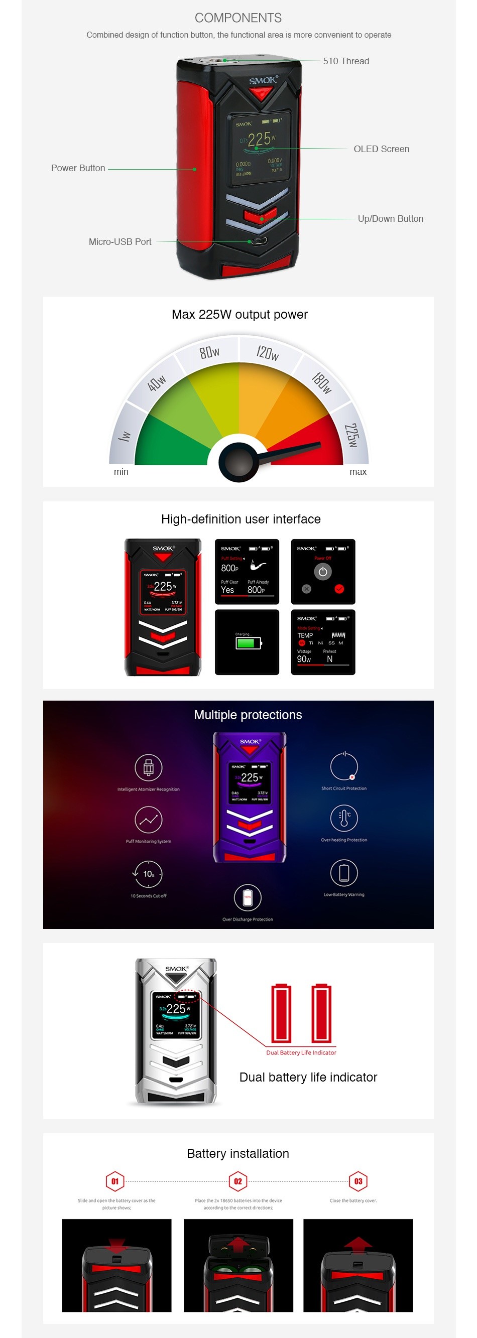 SMOK Veneno 225W TC Box MOD OMPONENTS Combined design of function button  the functional area is more convenient to operate 510 Thread OLED Screen Power BiLton Max 225W output power Imax igh detinition user interface Multiple protections Dual battery life indicator Battery installation the ootce y coue as the e2x186   e    tune ae accords  o the  di eclone