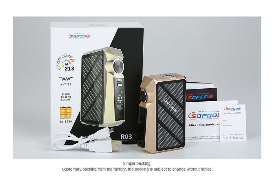 SOFGOD R03 218W TC Box MOD  SOFGOID 218 Ni Ti ss  SOFGOD  FGO R03 Customary packing from the factory  the packing is subject to change without notice
