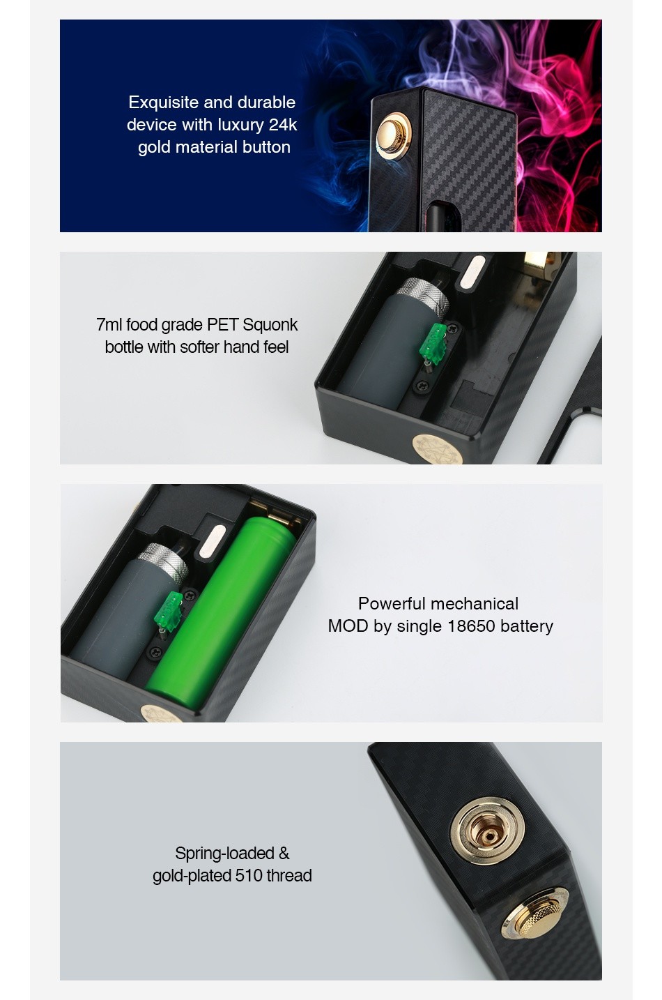 WOTOFO NUDGE Mechanical Squonk Box MOD Exquisite and durable device with luxury 24k gold material butt 7ml food grade PET Squonk ottle with softer hand feel Powerful mechanica MOd by single 18650 battery Spring loaded gold plated 510 thread