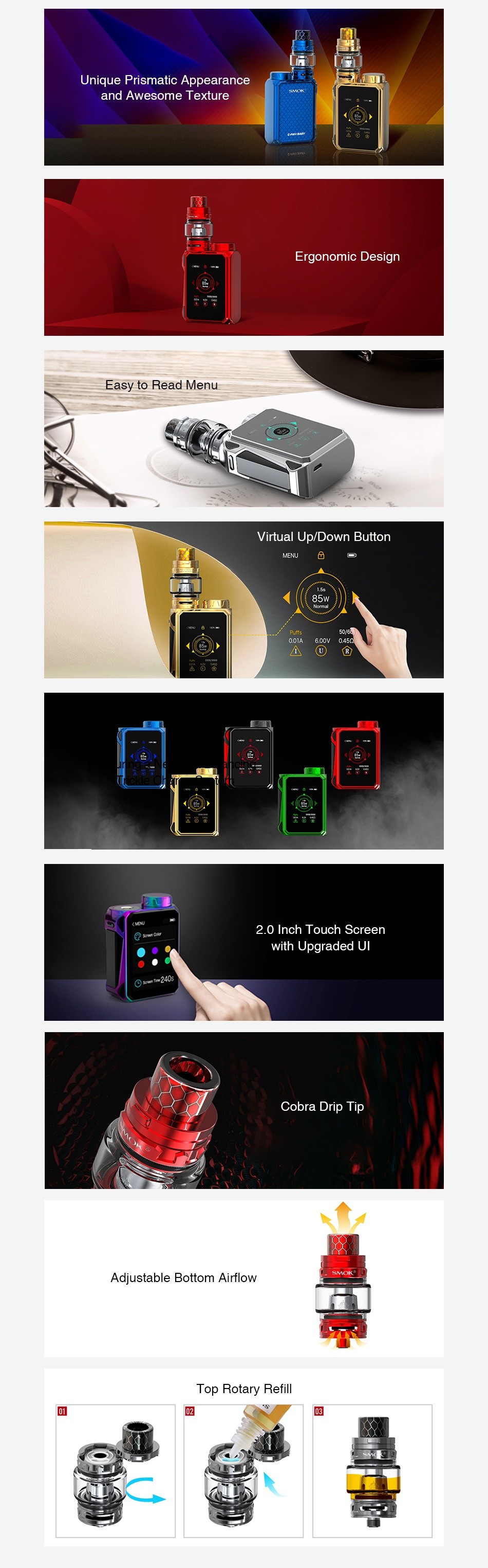 SMOK G-PRIV Baby 85W with TFV12 Baby Prince Kit Luxe Edition Unique Prismatic Appearance and Awesome Texture Easy to Read Menu Virtual Up Down Button 2 0 Inch Touch Screen with Upgraded Ul Cobra Drip Tip Adjustable Bottom Airflow Top Rotary Refil