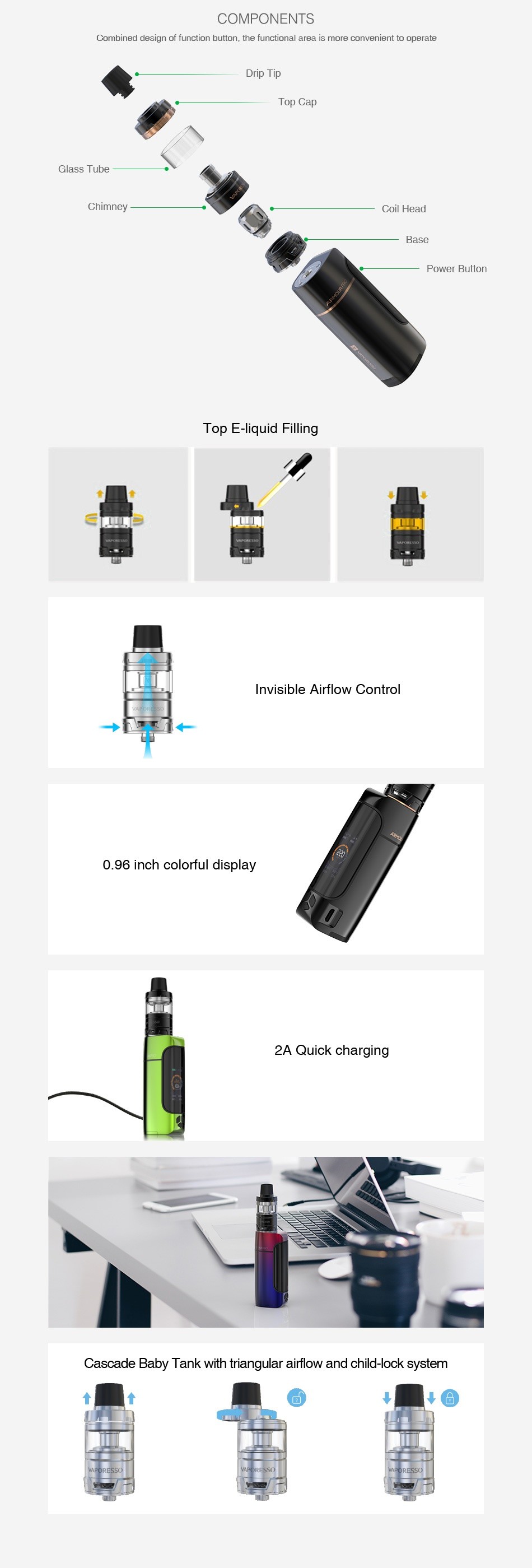Vaporesso Armour Pro 100W TC Kit with Cascade Baby COMPONENTS Combined design af function button the functional area is more Drip Tip Class Tube op E liquid Filling nvisible airflow contro 0 96 inch colorful display 2A Cascade Baby Tank with triangular airflow and child lock system
