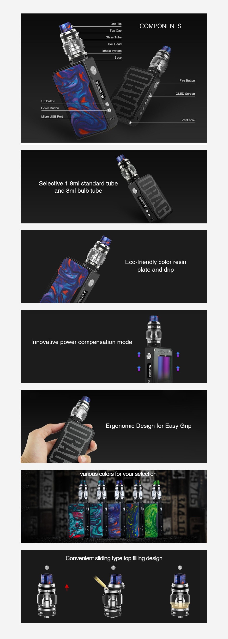 VOOPOO Black Drag 157W TC Kit with UFORCE T1 Inhale system LED Screen Up Button Micro UsB Port Vent hole elective 1  8ml standard tube and 8ml bulb tube Eco friendly color resin plate and drip Innovative power compensation mode Ergonomic Design for Easy Grip arious colors for your selection  Convenient sliding type top filling design