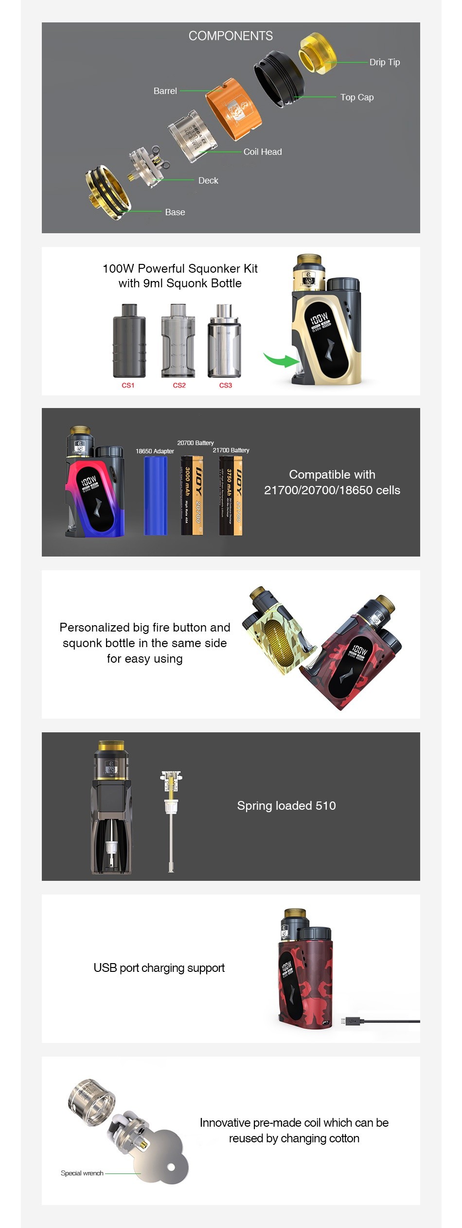 IJOY CAPO SRDA 100W 20700 Squonker Kit 3000mAh COMPONENTS op Cap Coil head 100W Powerful Squonker kit with gml Squonk Bottle Compatible with 21700 20700 18650cel Personalized big fire button and squonk bottle in the same side Spring loaded 510 USB port charging support Innovative pre made coil which can be eused by changing cotton Spooial ronon
