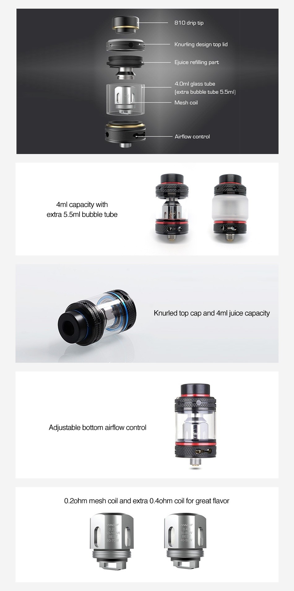 CoilART Mage Subohm Tank  4ml 810 drip tip Knurling design top lid Juice refilling par 4  0ml glass tube  extra bubble tube 5  5ml  Airflow control 4ml capacity with extra 5 5ml bubble tube Knurled top cap and 4ml juice capacity Adjustable bottom airflow control 0 2ohm mesh coil and extra 0  4ohm coil for great flavor