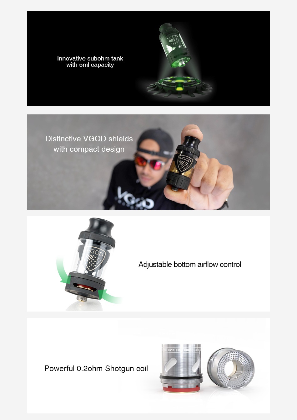 VGOD PRO SubTank 5ml nnovative subohm tank with 5ml capacity Distinctive GOD shield with compact desian Adiustable bottom airflow contro Powerful o 2ohm Shotgun coil