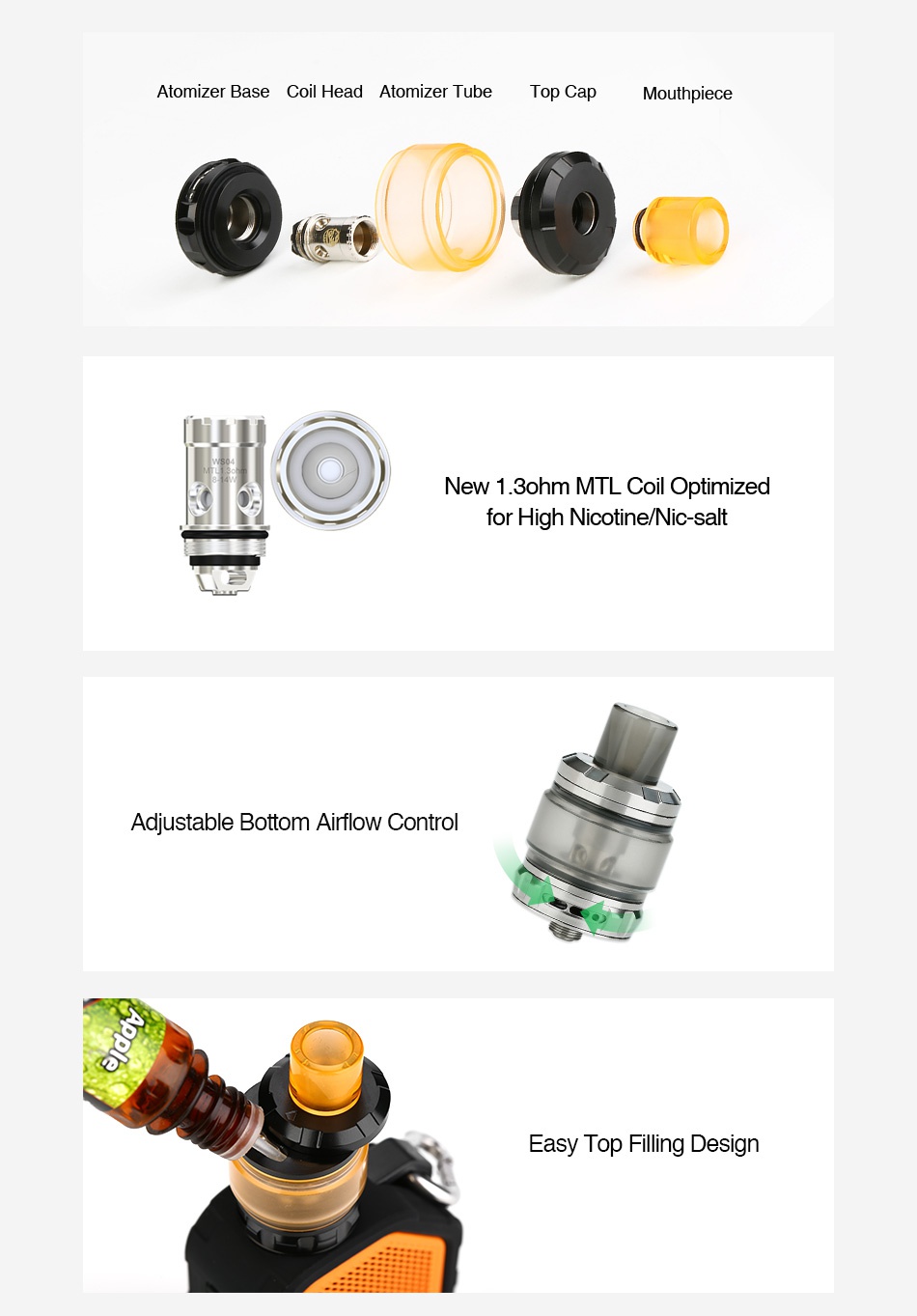 WISMEC Amor NS Plus Atomizer 2ml/4.5ml tomizer Base Col Head Atomizer Tube Top Cap    New 1 ohm MTL Coil Optimized for high nicotine Nic salt Adjustable Bottom Airflow Control Easy Top Filling Design