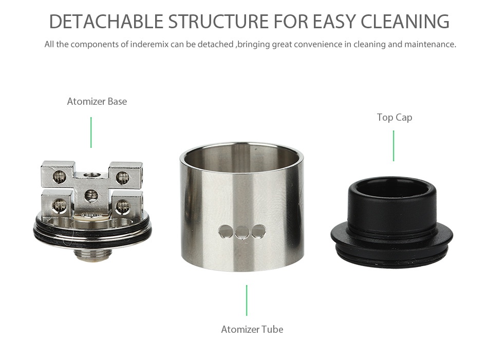 WISMEC IndeRemix RDA Atomizer DETACHABLE STRUCTURE FOR EASY CLEANING lI the components of inderemix can be detached bringing great convenience in cleaning and maintenance  Atomizer base Top Cap Atomizer tube