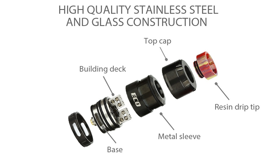 CIGPET ECO RDA HIGH QUALITY STAINLESS STEEL AND GLASS CONSTRUCTION Top cap Building deck Resin drip tip Metal sleeve Base