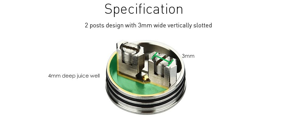 UD Skywalker RDA pecification 2 posts design with 3mm wide vertically slotted 4mm deep juice well