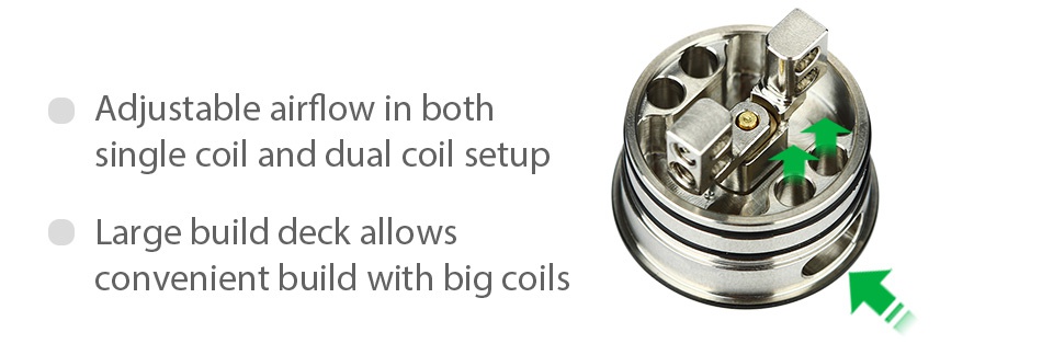 GeekVape Tsunami Pro 25 RDA o Adjustable airflow in both single coil and dual coil setup o Large build deck allows convenient build with big coils