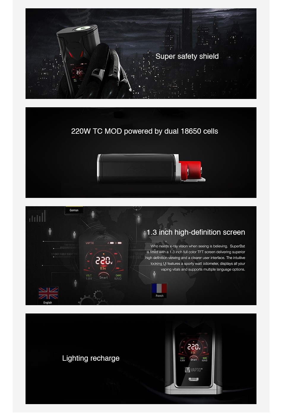 Vaptio Super Bat 220W TC Box MOD VAPTIO 220 220 M MVAPTL0  M Black Red Silver