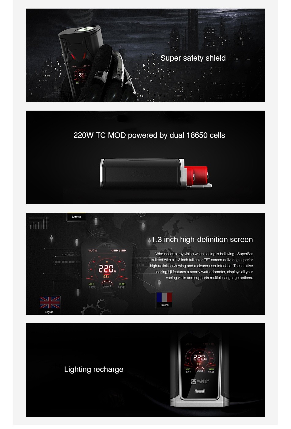 Vaptio Super Bat 220W TC Box MOD VAPTIO 220 220 M MVAPTL0  M Black Red Silver