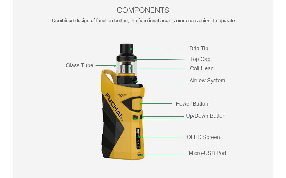 Fuchai R7 230W TC Kit with T4 Tank COMPONENTS Combined design of function button  the functional area is more convenient to operate Drip ti Top Cap Glass Tube Coil Head Airflow System Power butto Up Down Button OLED Scree Micro USB Port