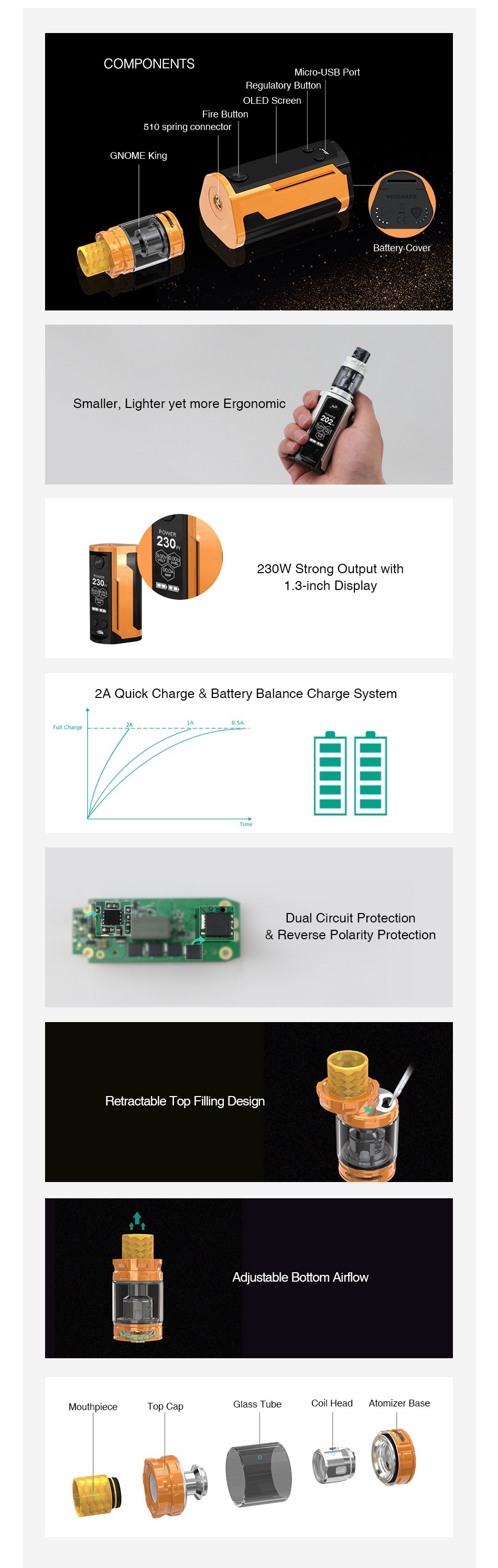 WISMEC Reuleaux RX GEN3 Dual 230W with Gnome King Kit COMPONENTS Micro USB Port Regulatory Ruti 0 spring connIE or Smaller  Lighter yet more Ergonomic 230W Strong Output with 1 3 inch Display eA Quick Charge Battery Balance Charge System ful chao Dual circuit protection Reverse Polarity Protection Adjustable Bottom Airflow Mouthpiece Iop Cap Glass Tubc Col I lead Alorr eILe
