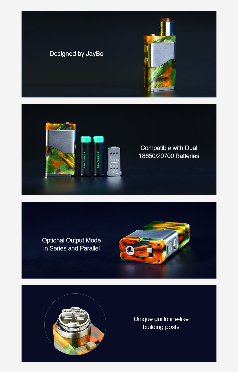 WISMEC Luxotic NC 250W 20700 Kit with Guillotine V2 Designed by JayBo Compatible with dual 8650 20700 Batteries Optional output Mode n series and paralle Unique otine like building posts