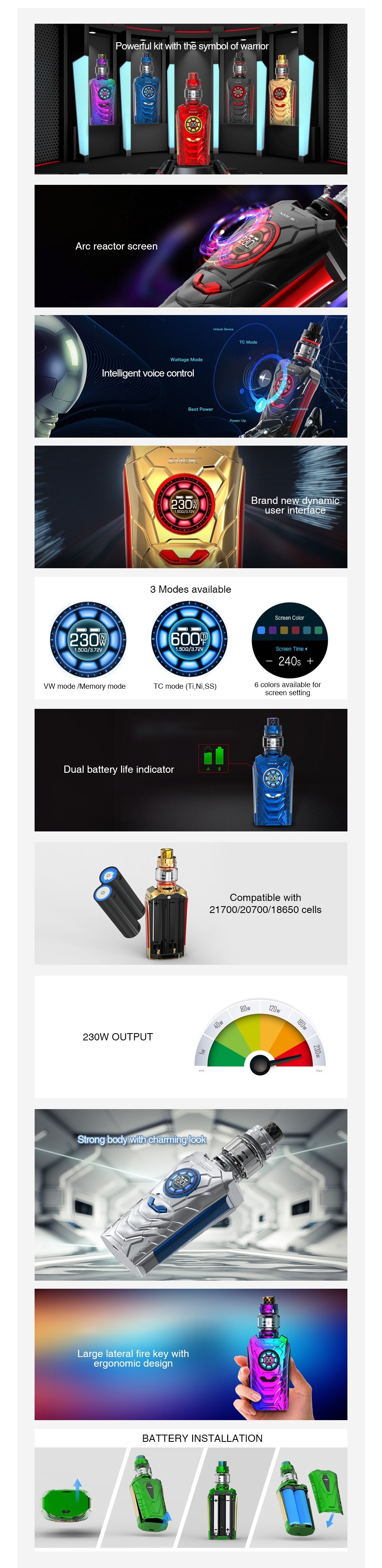 SMOK I-Priv 230W Voice Control TC Kit Powerful kit wit Arc reacto Intelligent voice contro   vw roils k  ots trID   TG IIo I    NI Ss  Dual battery life indicator 217002070018650cels 230W OUTPUT ergonomic design BATTERY INSTALLATION