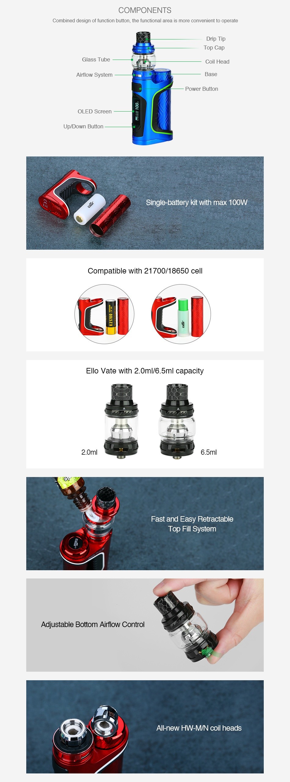 Eleaf iStick Pico S 100W TC Kit 4000mAh COMPONENTS Combined design of function button  the functional area is more convenient to operate Drip I ip Ss Coil I lead Airflow Systcm Power Button Ol FD Scrccn Up Down Bullon Single battery kit with max 100W Compatible with 21700 18650 cell Ello vate with 2 0m 6 5ml capacity 2 0ml 6 5ml Fast and Easy Retractable Iop Fll System Adjustable Bottom Airflow Control All new HW mn coil heads