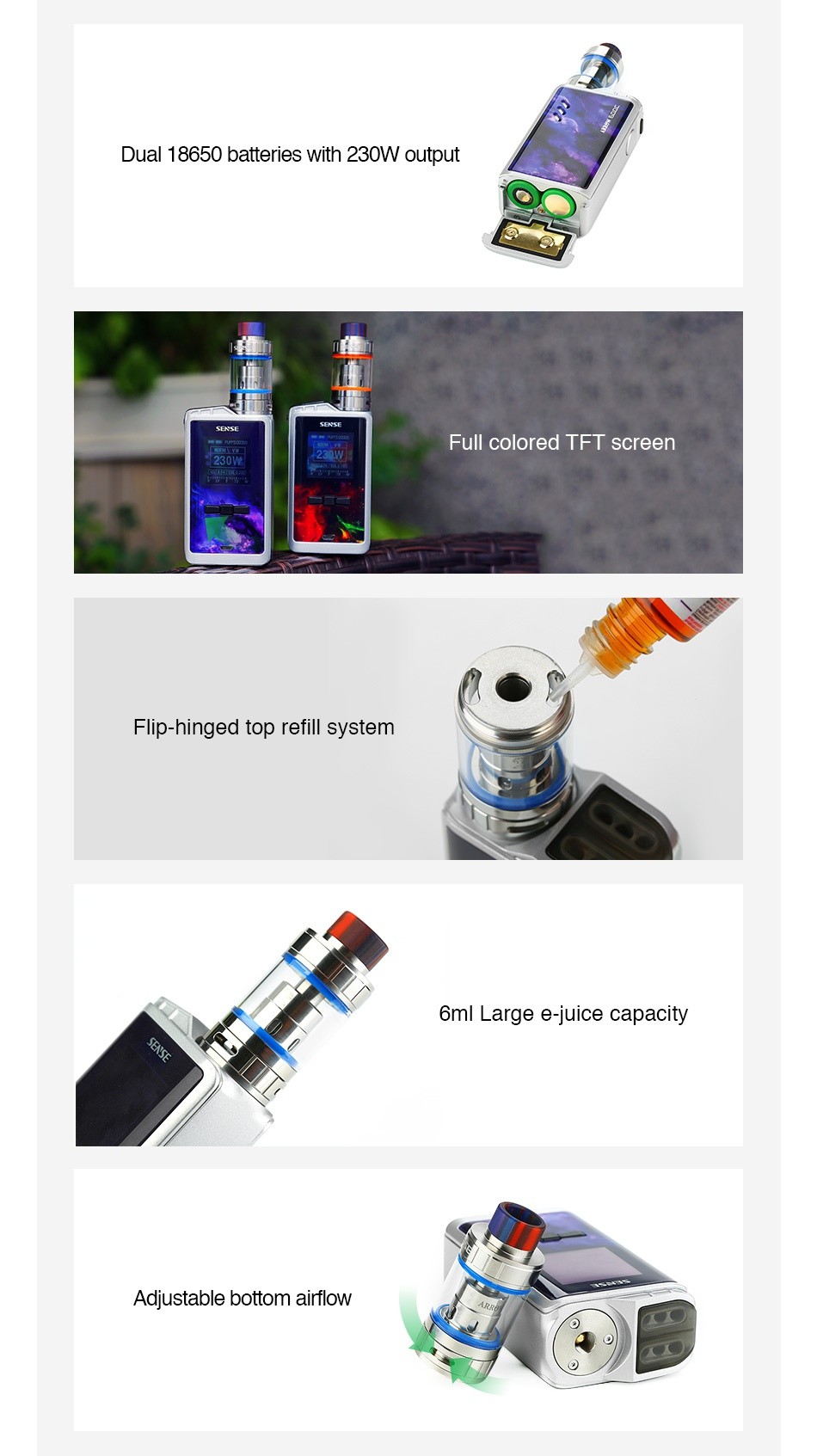 Linkedvape Classic Arrow 230W TC Kit Dual 18650 batteries with 230W output Full colored tft screen Flip hinged top refill system 6ml Large e juice capacity Adiustable bottom airflow