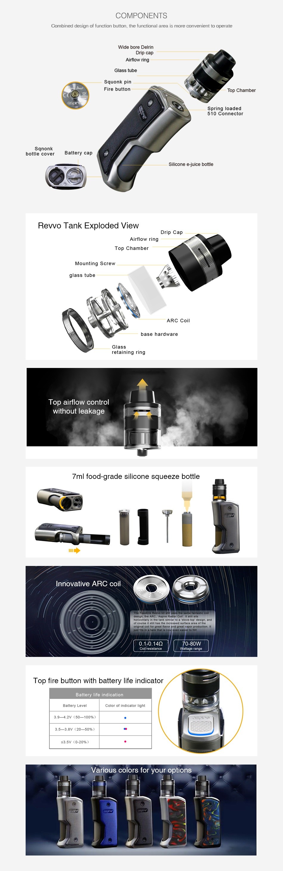 Aspire Feedlink Revvo Squonk Kit COMPONENTS Combined des gn of function button  the functional area is more conven ent to operat bottle cover Battery ca Revo Tank Exploded i base hard taining ring T ithaut leak 7ml food grade silicone squeeze bottle 0 1 0 14Q Top fire button with battery life indicator ColOr of ar dicate  I g 3 9 4 2Y 50 105  3 5 3Bv 20 50   3 5v0 20  Various colors for your options