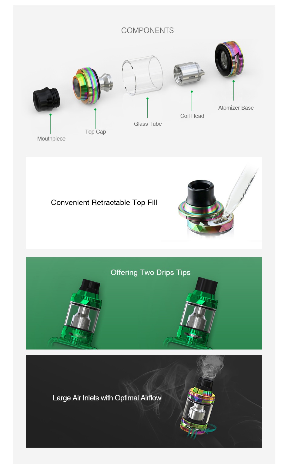 Eleaf ELLO TS Atomizer 2ml/4ml COMPONENTS Atomizer base Coil head Glass Tube Mouthpiece Convenient Retractable Top Fi Offering Two Drips Tips arge Air Inlets with Optimal Airflow