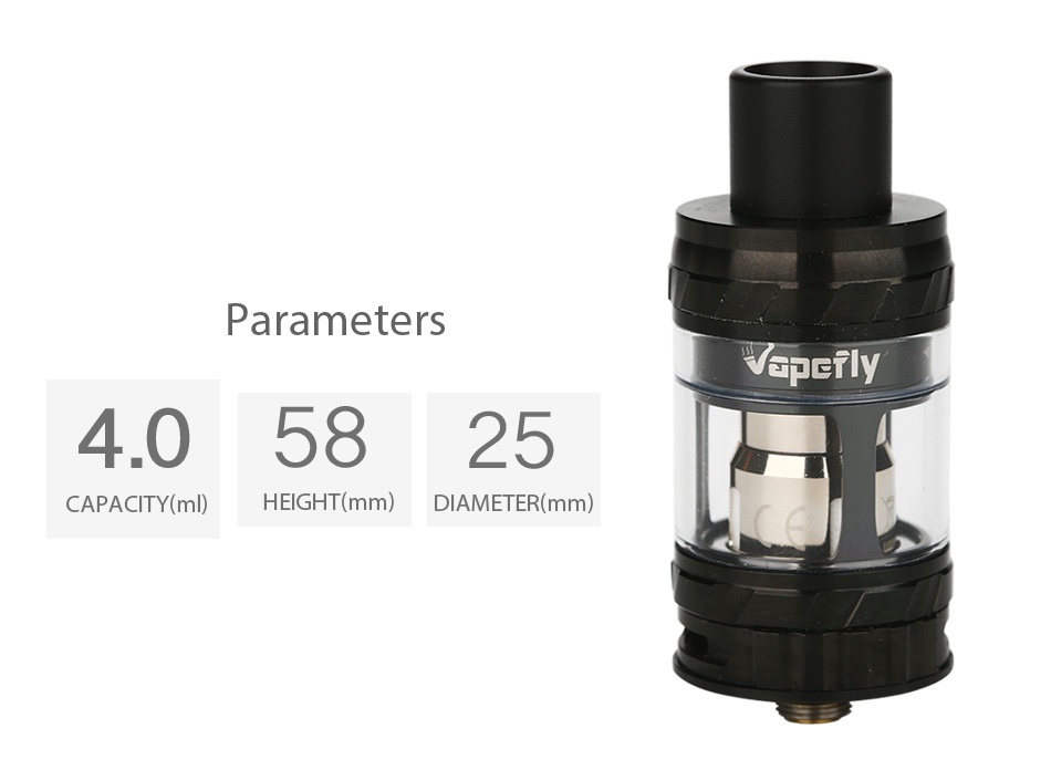 Vapefly Fantasy Mini Subohm Tank 4ml Parameters GET 405825 CAPACITY m  HEIGHT mm  DIAMETER mm