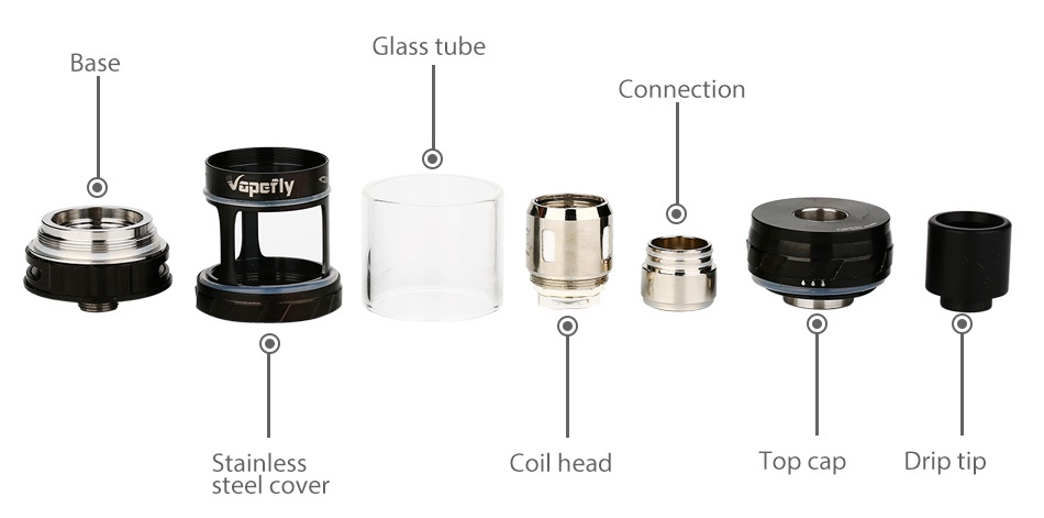 Vapefly Fantasy Mini Subohm Tank 4ml Glass tube Base Connection vapidly Stainless Coil head Top cap Drip tip teel cover